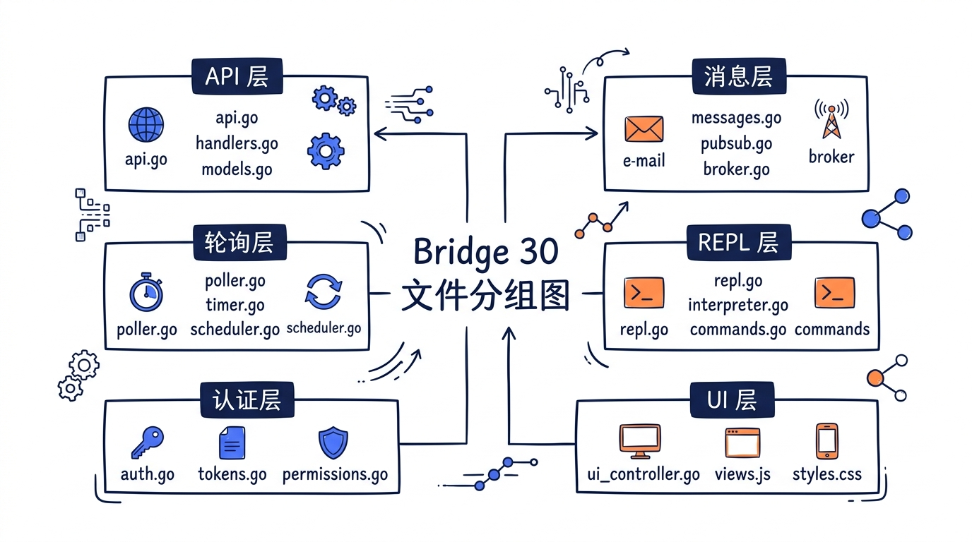 Bridge 30 文件分组图(API 层 / 消息层 / 轮询层 / REPL 层 / 认证层 / UI 层),每组用不同颜色