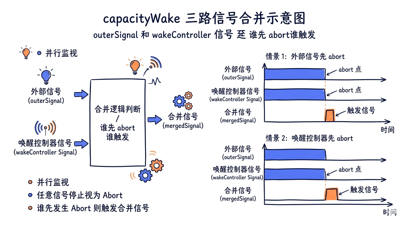 capacityWake 三路信号合并示意图:outerSignal + wakeController → mergedSignal → 谁先 abort 谁触发