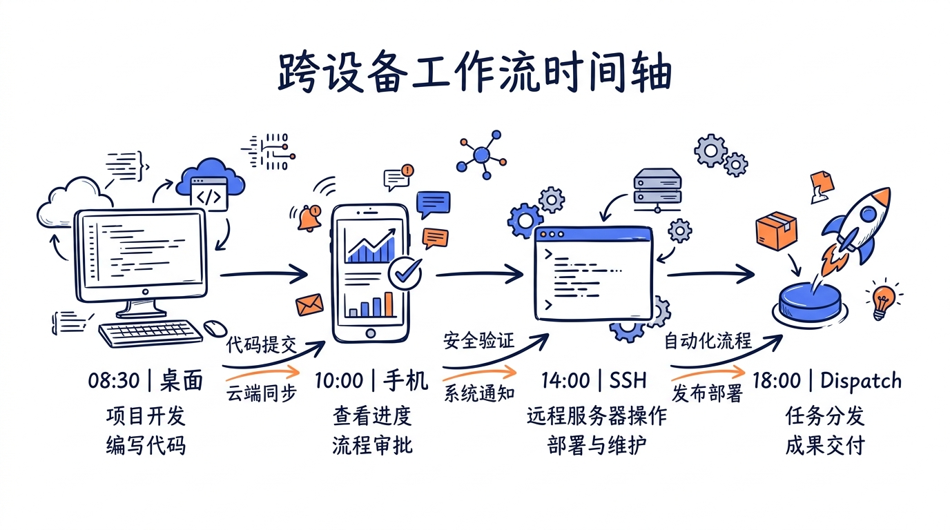 跨设备工作流时间轴:08:30 桌面→10:00 手机→14:00 SSH→18:00 Dispatch,箭头标注用了哪些子系统