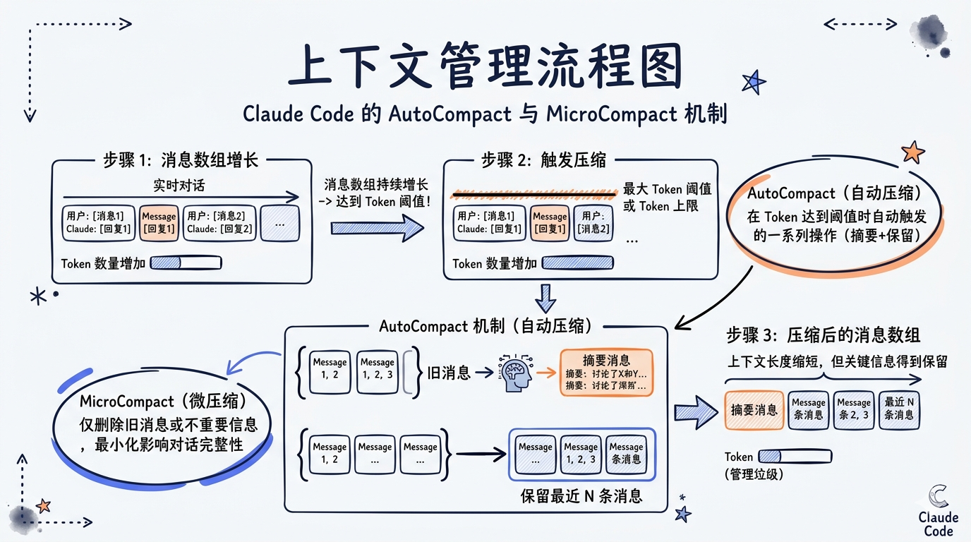 上下文管理流程图。消息数组从左到右增长，当 token 数超过阈值时触发"压缩"：旧消息被替换为一条摘要消息，保留最近的 N 条消息。标注 Claude Code 的 autoCompact 和 microcompact 机制