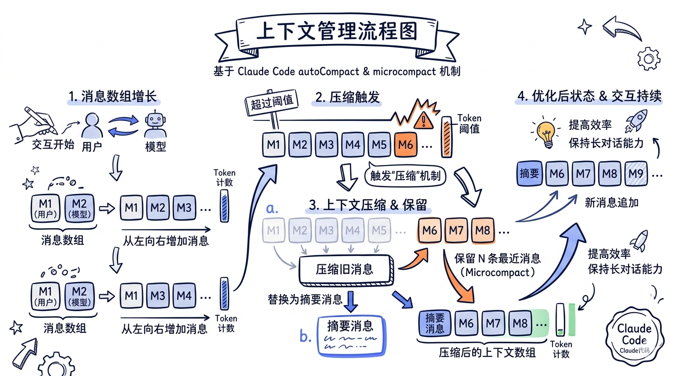 上下文管理流程图。消息数组从左到右增长，当 token 数超过阈值时触发"压缩"：旧消息被替换为一条摘要消息，保留最近的 N 条消息。标注 Claude Code 的 autoCompact 和 microcompact 机制