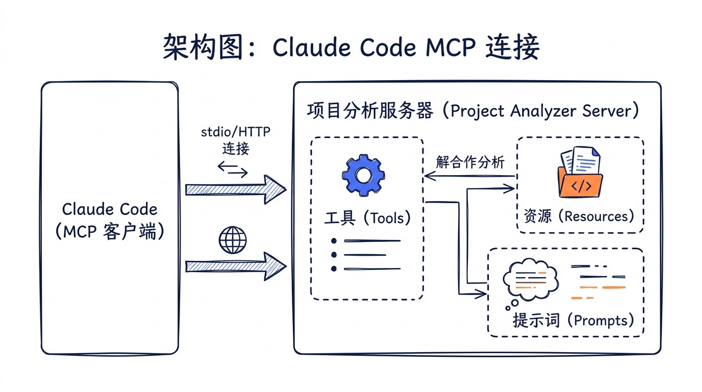 架构图——左侧 Claude Code（MCP Client）通过 stdio/HTTP 连接右侧 Project Analyzer Server，Server 内部展示 Tools、Resources、Prompts 三个模块