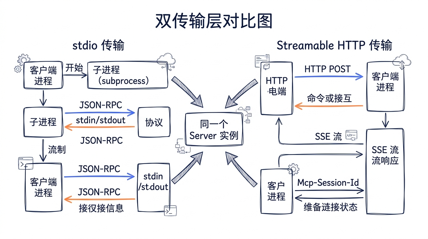 双传输层对比图——左侧 stdio 传输（subprocess + stdin/stdout JSON-RPC），右侧 Streamable HTTP 传输（HTTP POST + SSE 流 + Mcp-Session-Id），中间用箭头标注两者共享同一个 Server 实例