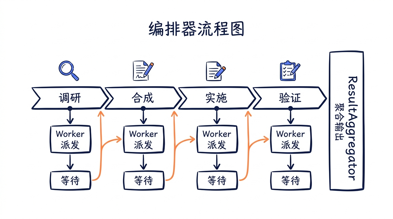 Coordinator 编排流程图——四阶段时间线（Research → Synthesis → Implementation → Verification），每个阶段下挂着对应的 Worker 派发与等待节点，最右侧是 ResultAggregator 聚合输出