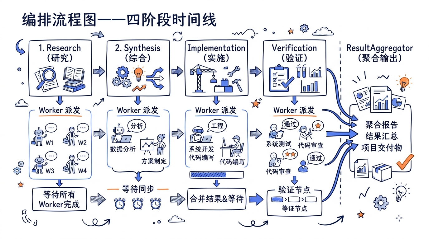 Coordinator 编排流程图——四阶段时间线（Research → Synthesis → Implementation → Verification），每个阶段下挂着对应的 Worker 派发与等待节点，最右侧是 ResultAggregator 聚合输出