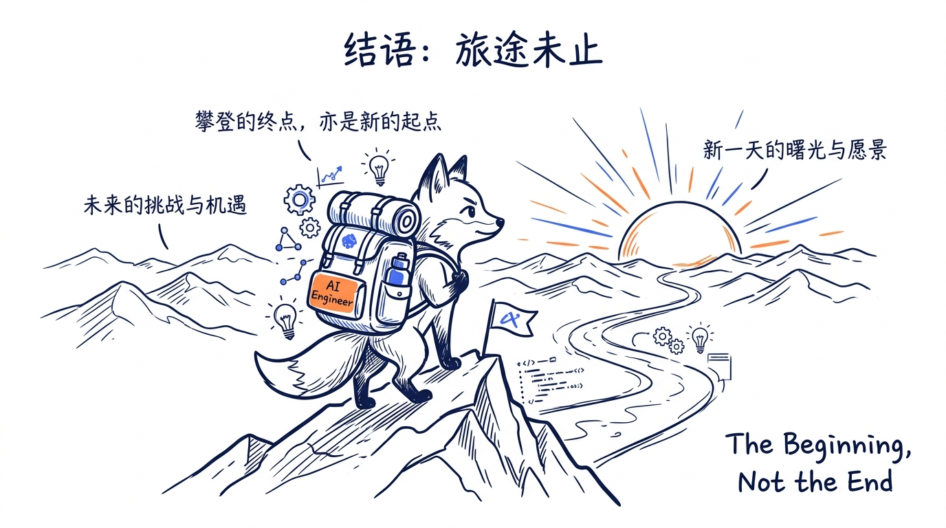 结尾页配图——一只扛着背包的小动物站在山顶，远处群山连绵，太阳正在升起，背包上贴着一张写着"AI Engineer"的小贴纸，画面右下角写着"The Beginning, Not the End"