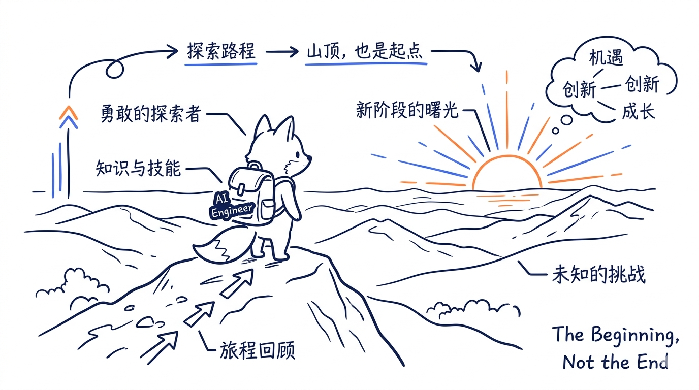 结尾页配图——一只扛着背包的小动物站在山顶，远处群山连绵，太阳正在升起，背包上贴着一张写着"AI Engineer"的小贴纸，画面右下角写着"The Beginning, Not the End"